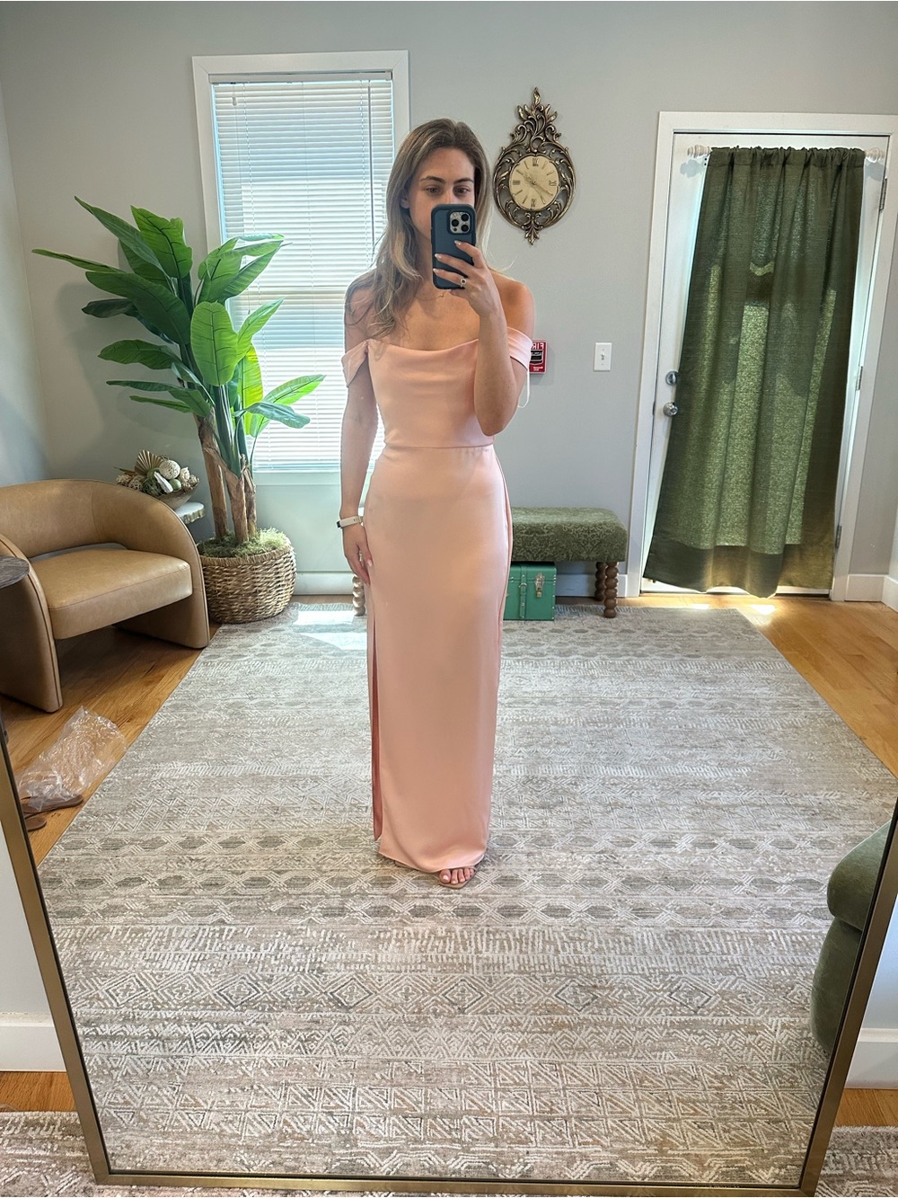 Jenny Yoo Peach Bellini Off-Shoulder Satin Column Gown